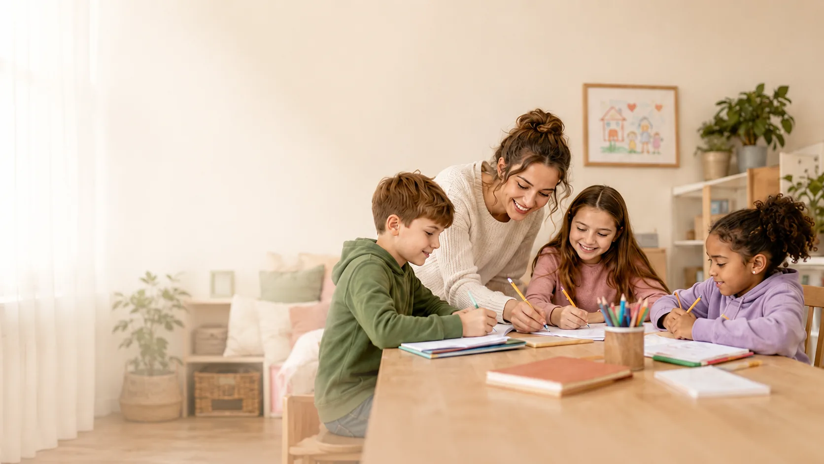 A carer helping three children with schoolwork