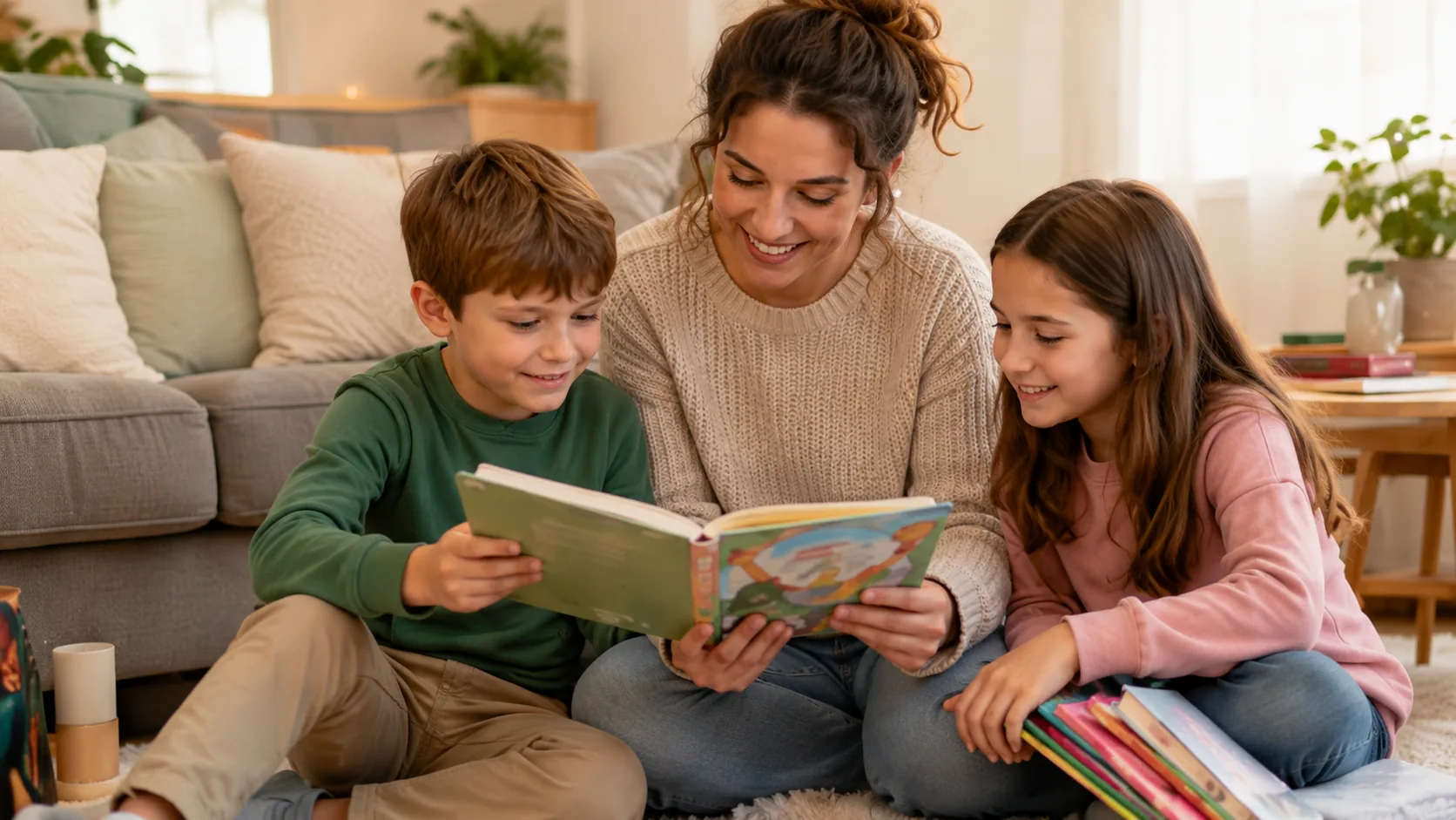 A carer reading with two children